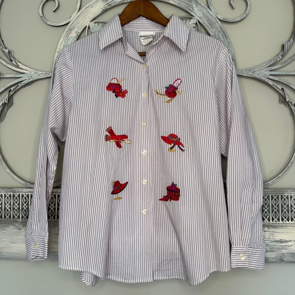 BonWorth Womens Small Petite Striped Embroidered Button Down Shirt Navy White